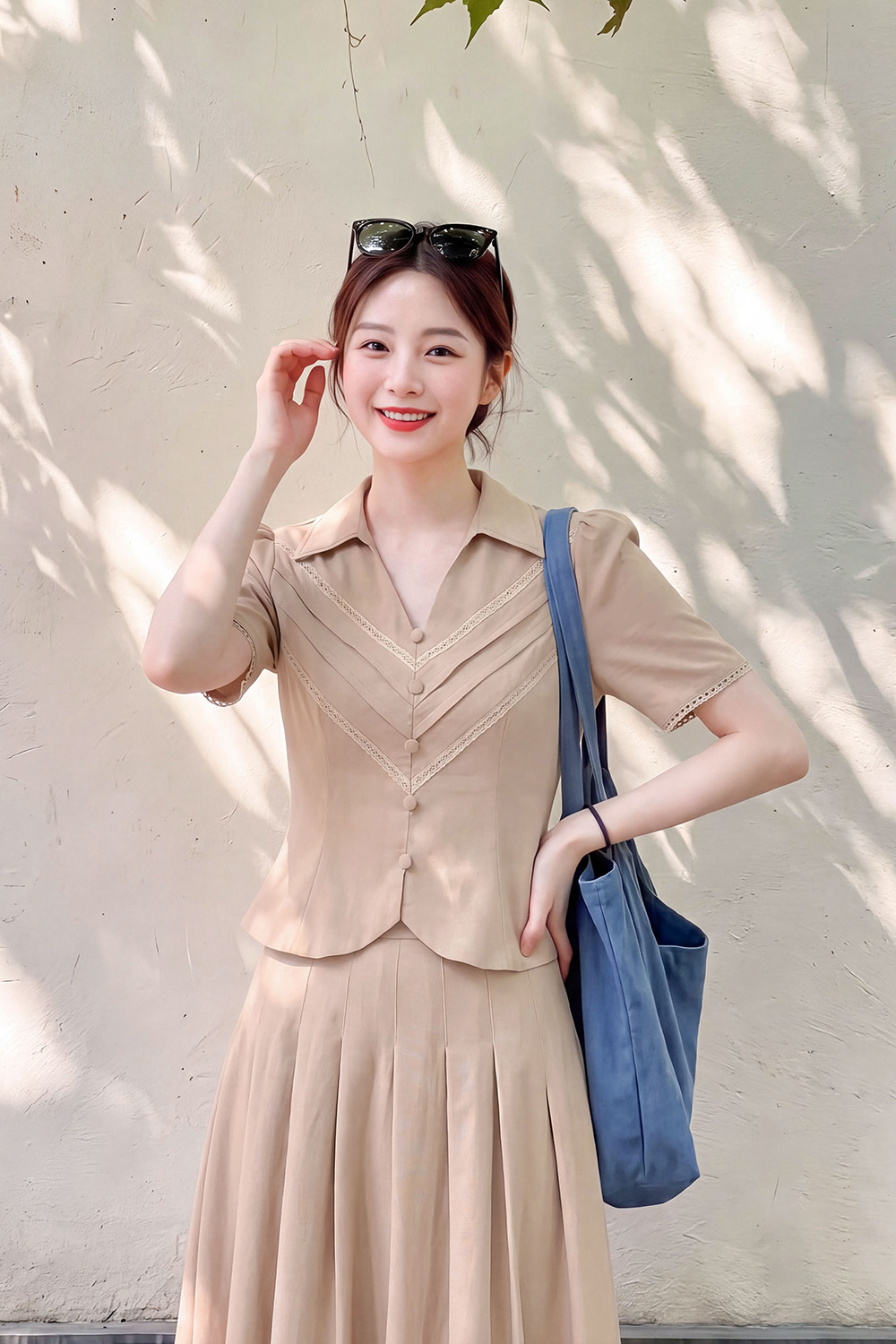 Áo kiểu linen cổ sơ mi phối đăng ten