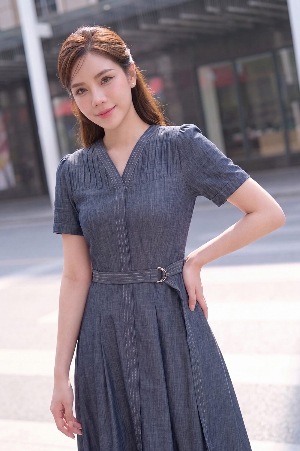 Đầm jean denim dáng xòe kèm thắt lưng