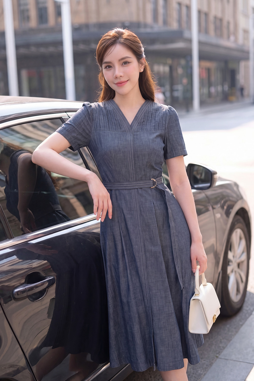 Đầm jean denim dáng xòe kèm thắt lưng