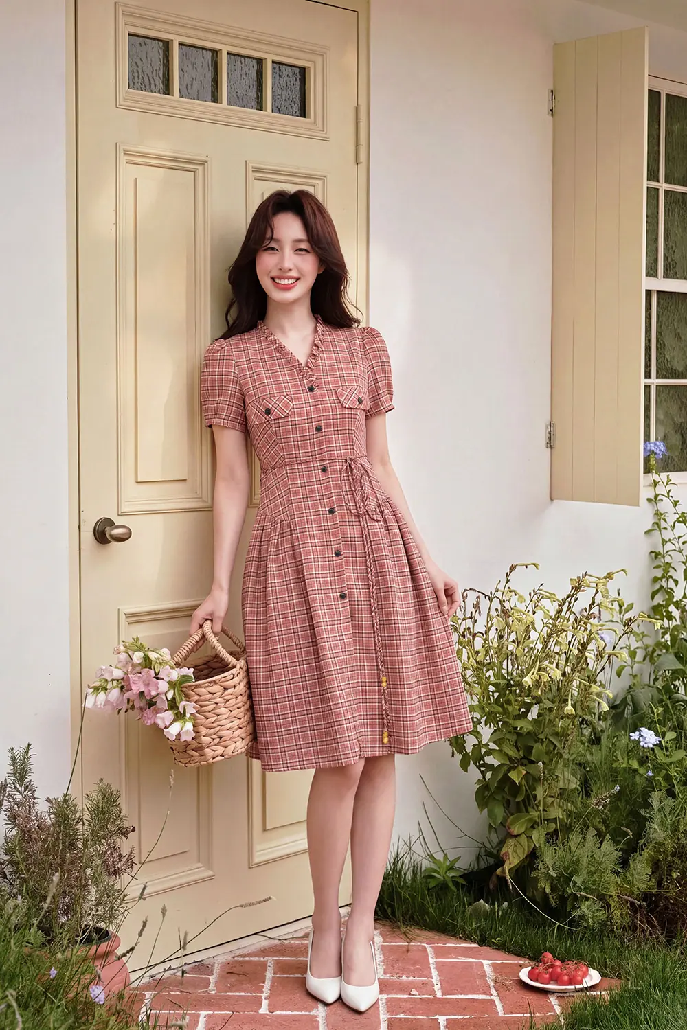 Đầm caro vintage dáng xòe cổ viền bèo