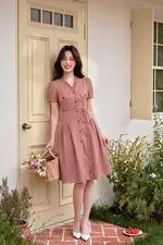 Đầm caro vintage dáng xòe cổ viền bèo