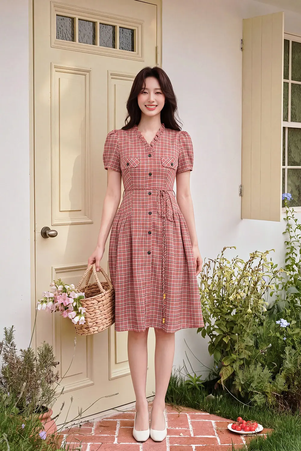 Đầm caro vintage dáng xòe cổ viền bèo
