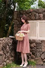 Đầm caro vintage dáng xòe cổ viền bèo