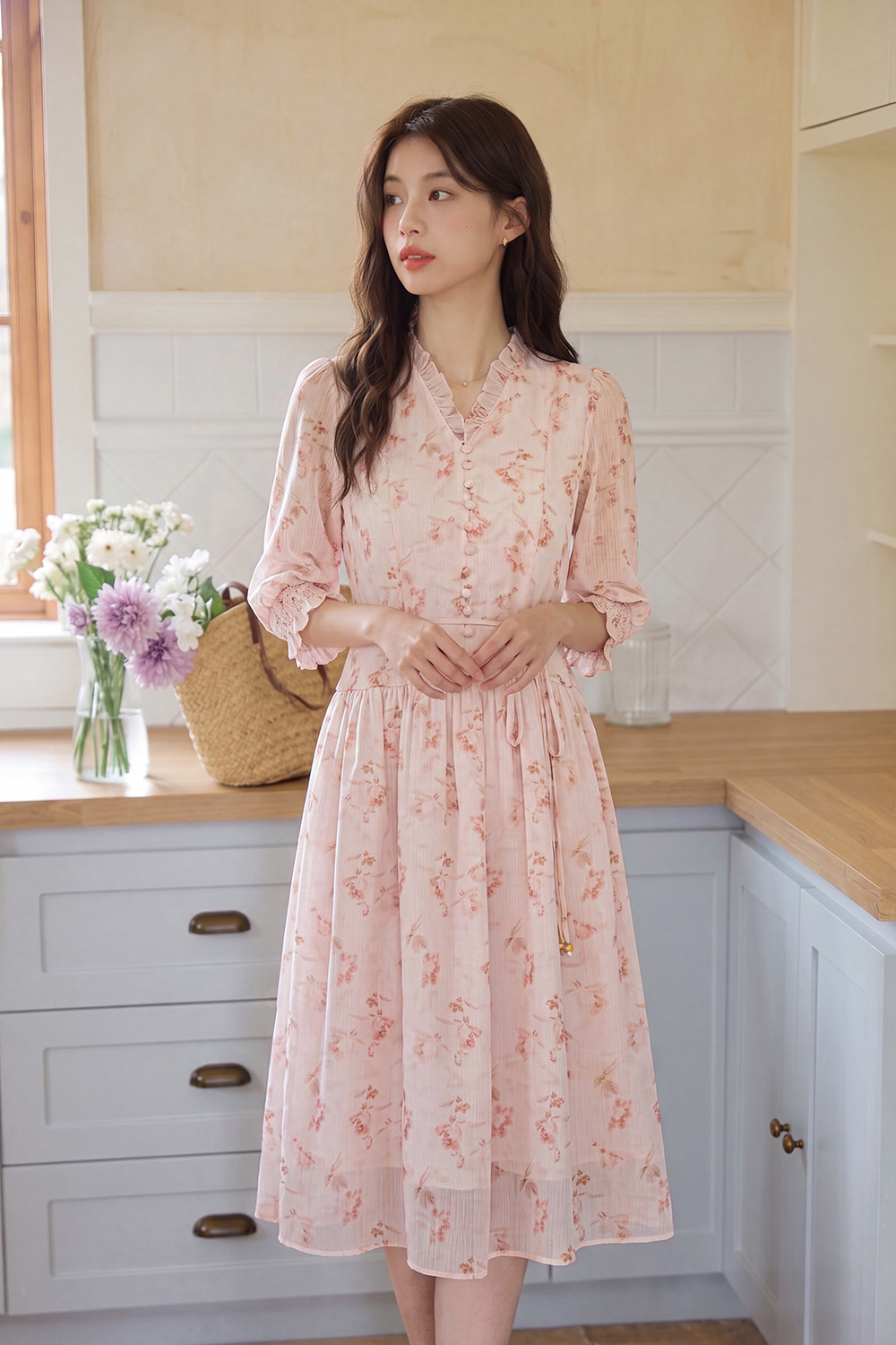 Đầm hoa màu hồng dáng xòe tay lỡ