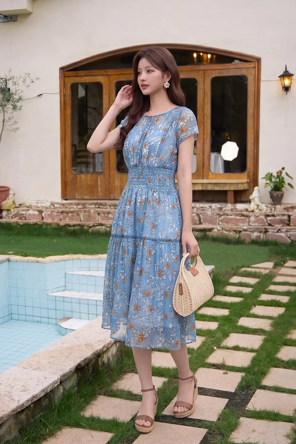 Đầm hoa nhí dáng xòe tầng nhún eo