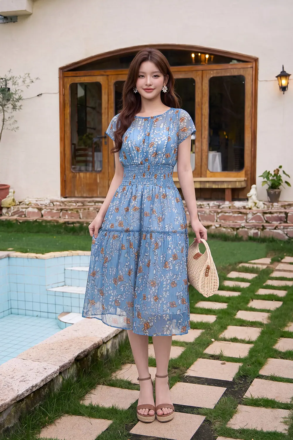Đầm hoa nhí dáng xòe tầng nhún eo