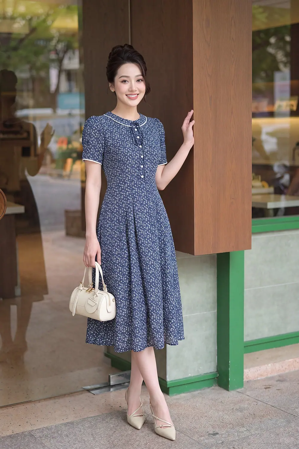 Đầm hoa xanh dáng xòe tay phồng KK189-19