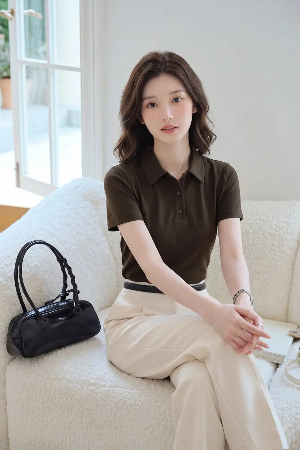 Áo thun polo nữ màu nâu tay ngắn
