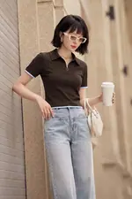 Áo thun polo màu nâu viền trắng