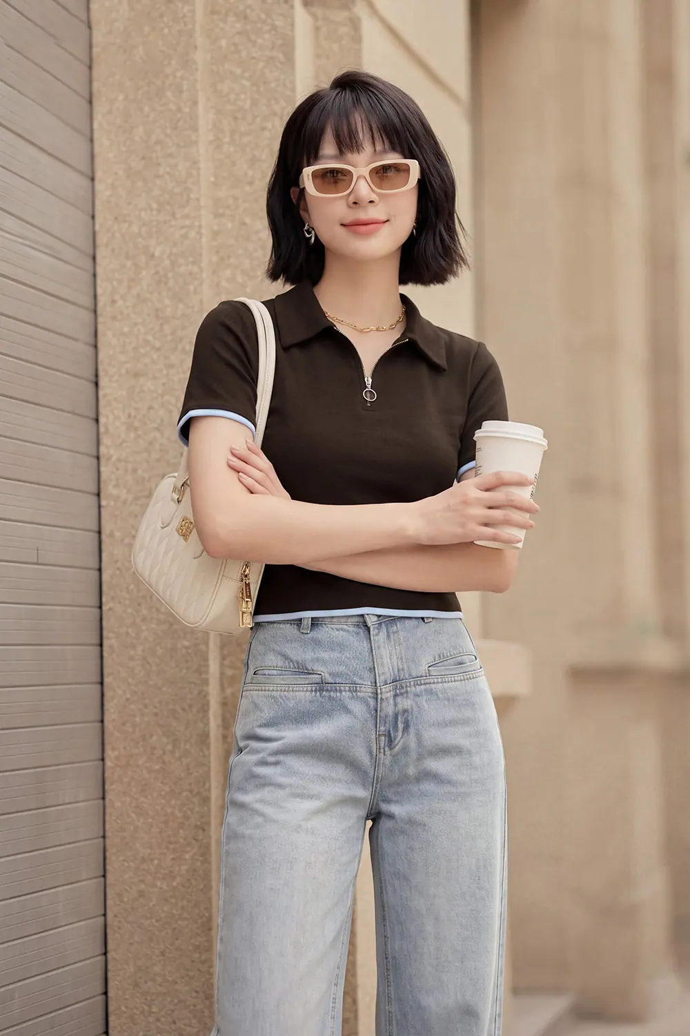 Áo thun polo màu nâu viền trắng