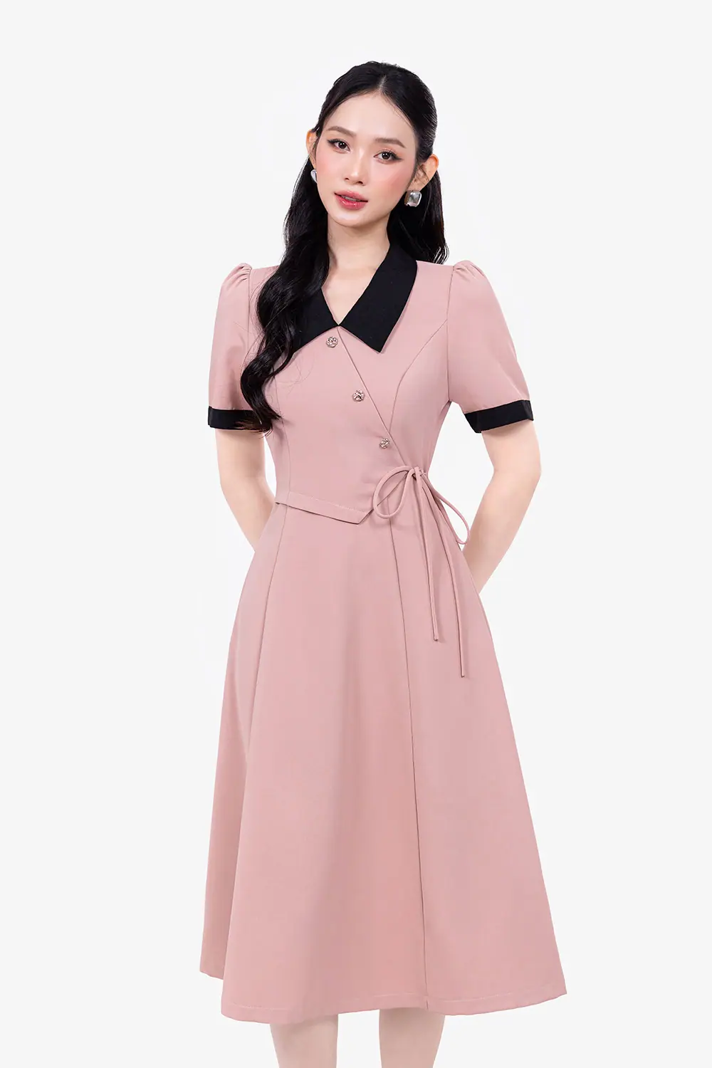 Đầm xòe công sở màu hồng phối đen