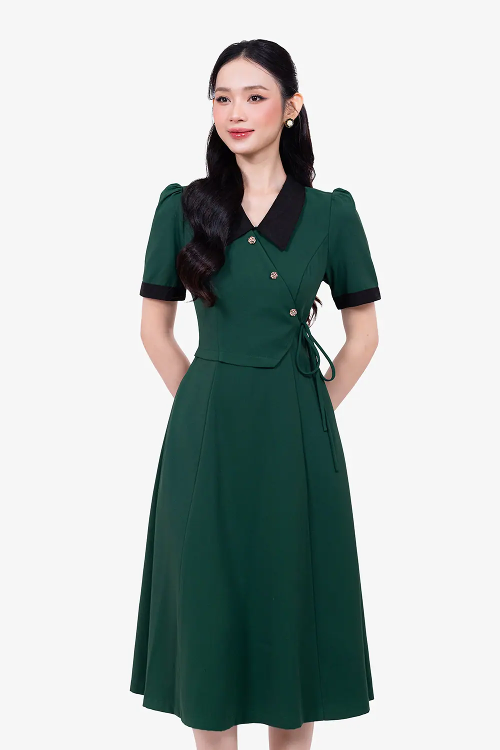 Đầm xòe công sở màu xanh phối đen
