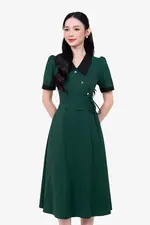 Đầm xòe công sở màu xanh phối đen