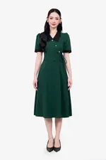 Đầm xòe công sở màu xanh phối đen