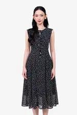 Đầm voan chấm bi dáng xòe cổ phối nơ