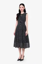 Đầm voan chấm bi dáng xòe cổ phối nơ