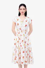 Đầm trắng họa tiết hoa dáng xòe eo bo chun