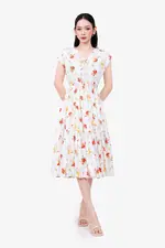 Đầm trắng họa tiết hoa dáng xòe eo bo chun