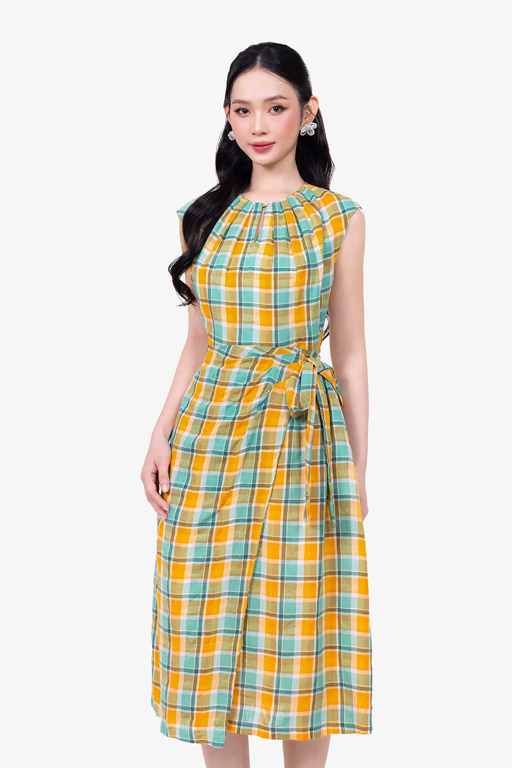 Đầm caro chữ A tùng đắp chéo thắt nơ eo