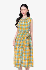 Đầm caro chữ A tùng đắp chéo thắt nơ eo