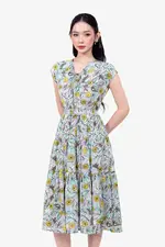 Đầm xòe họa tiết eo bo chun cổ V phối nơ