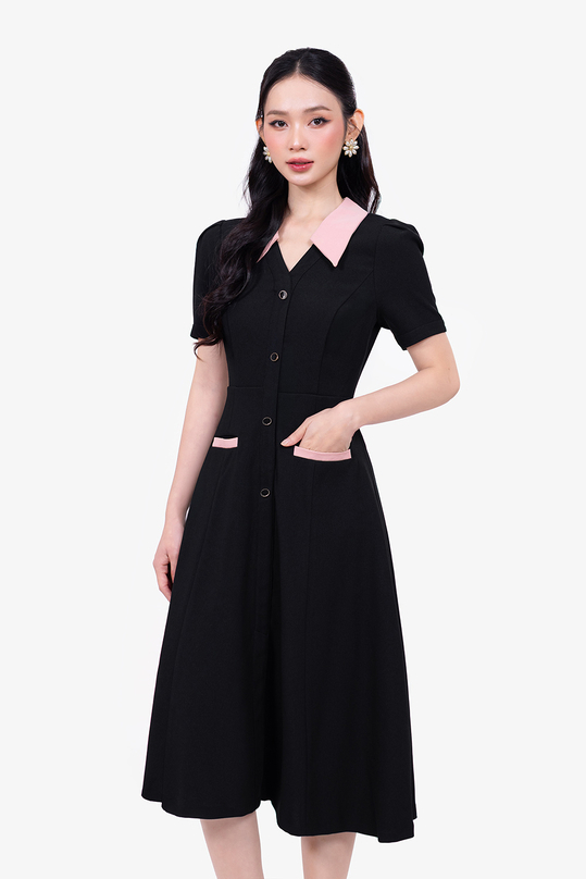 Đầm xòe đen công sở phối hồng