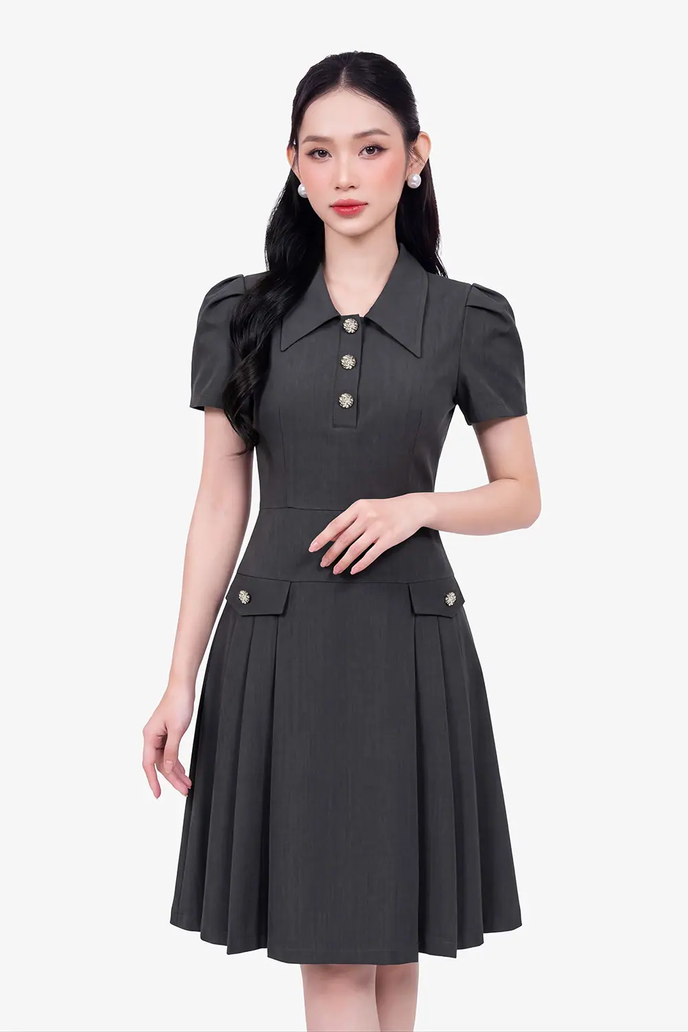 Đầm xám công sở xếp ly dáng xòe