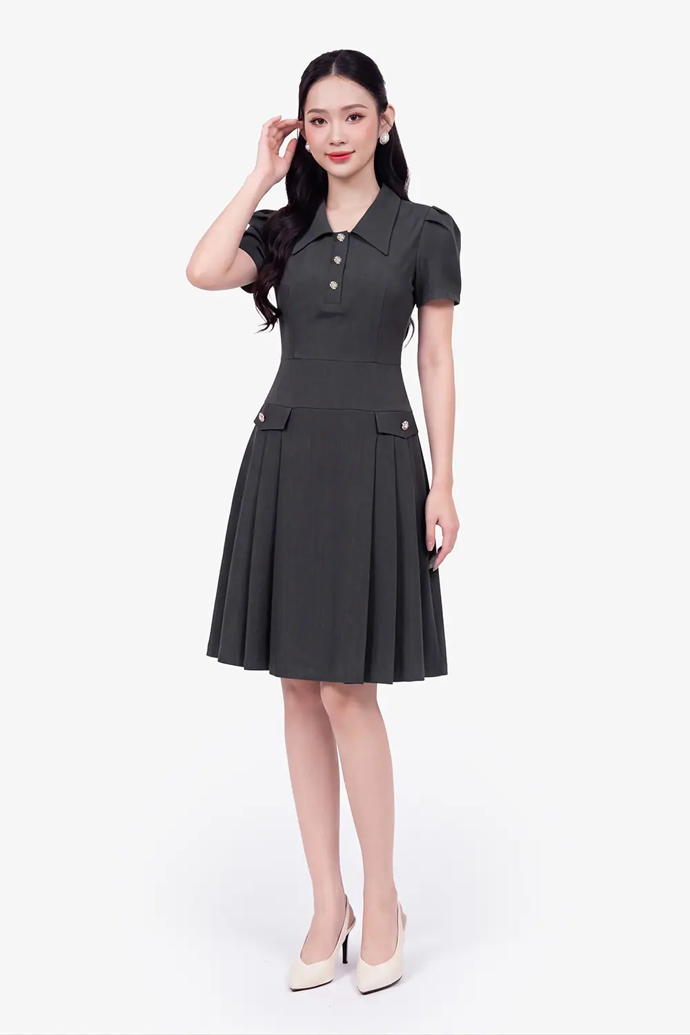 Đầm xám công sở xếp ly dáng xòe