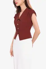 Áo kiểu xếp ly vai màu đỏ trầm