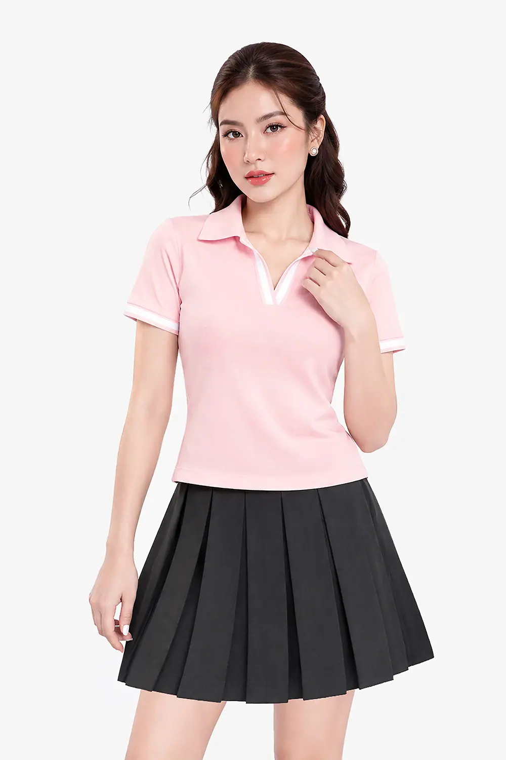 Áo thun polo màu hồng viền trắng