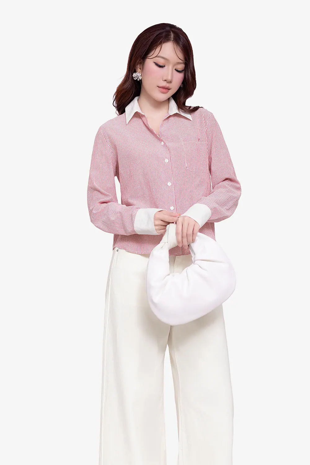 Áo sơ mi nữ sọc hồng phối trắng