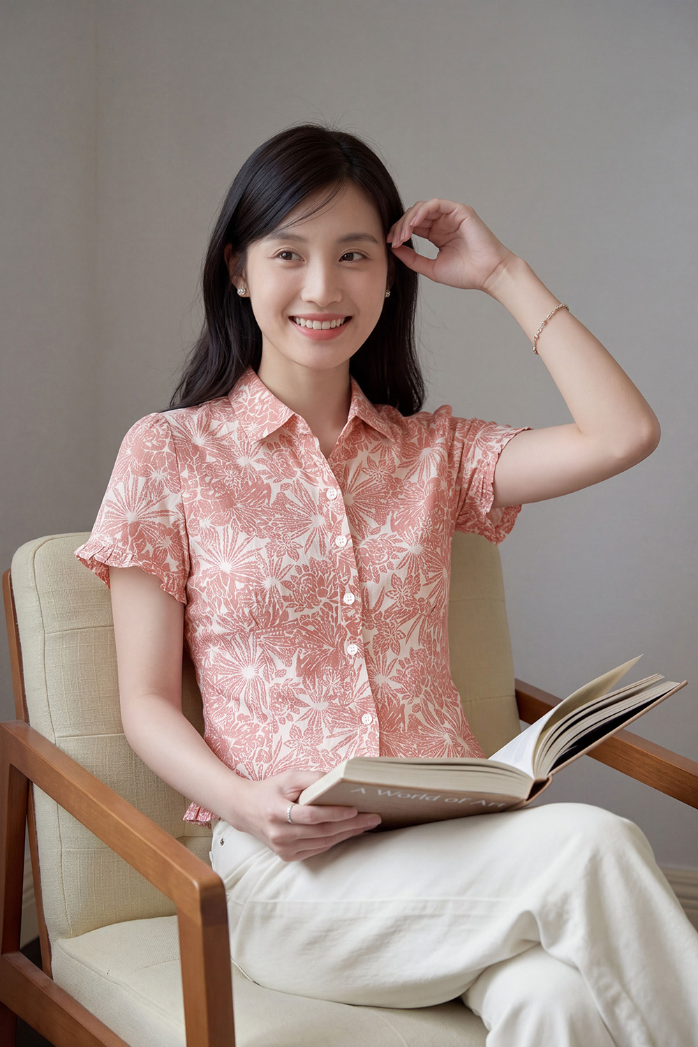 Áo kiểu sơ mi họa tiết viền bèo