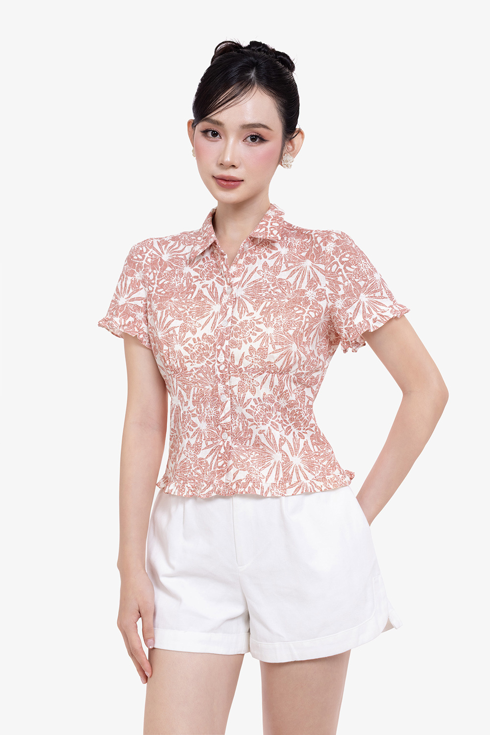 Áo kiểu sơ mi họa tiết viền bèo