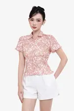 Áo kiểu sơ mi họa tiết viền bèo