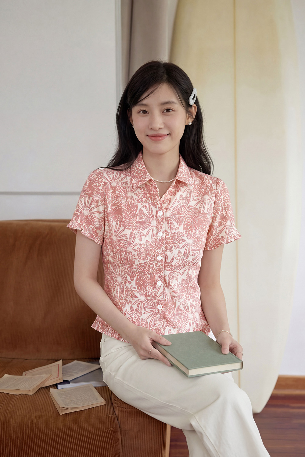 Áo kiểu sơ mi họa tiết viền bèo