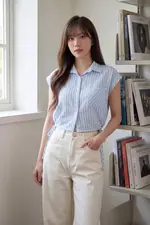 Áo kiểu kẻ sọc dáng ngắn phối thắt nơ