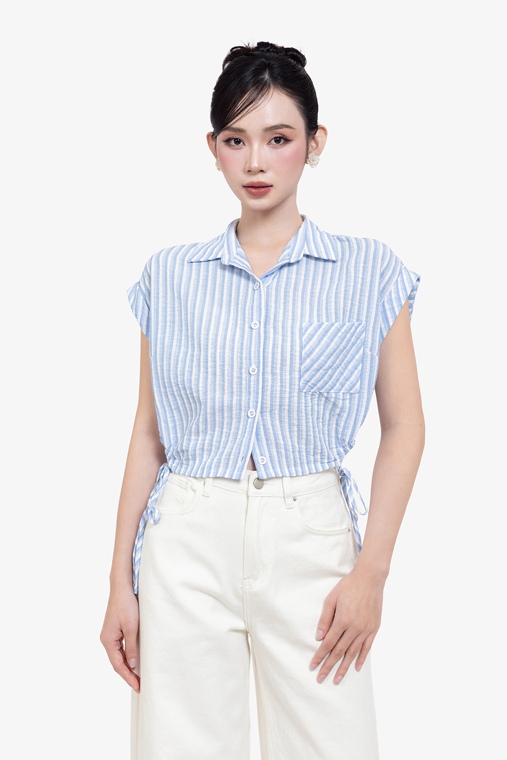 Áo kiểu kẻ sọc dáng ngắn phối thắt nơ