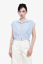 Áo kiểu kẻ sọc dáng ngắn phối thắt nơ