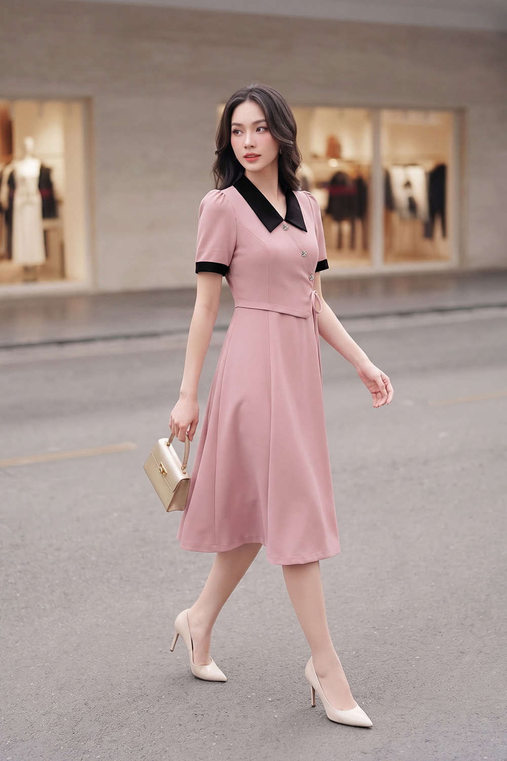 Đầm xòe công sở màu hồng phối đen
