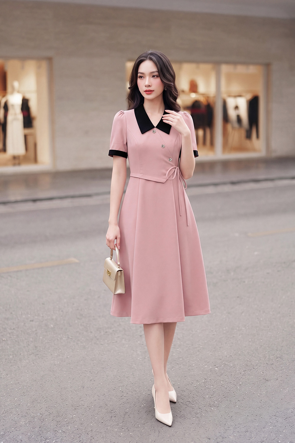 Đầm xòe công sở màu hồng phối đen