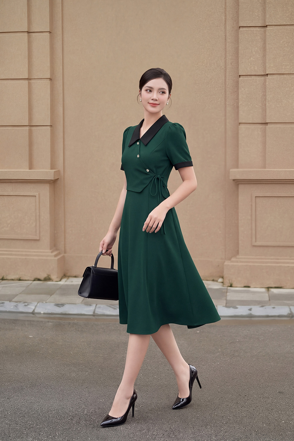 Đầm xòe công sở màu xanh phối đen