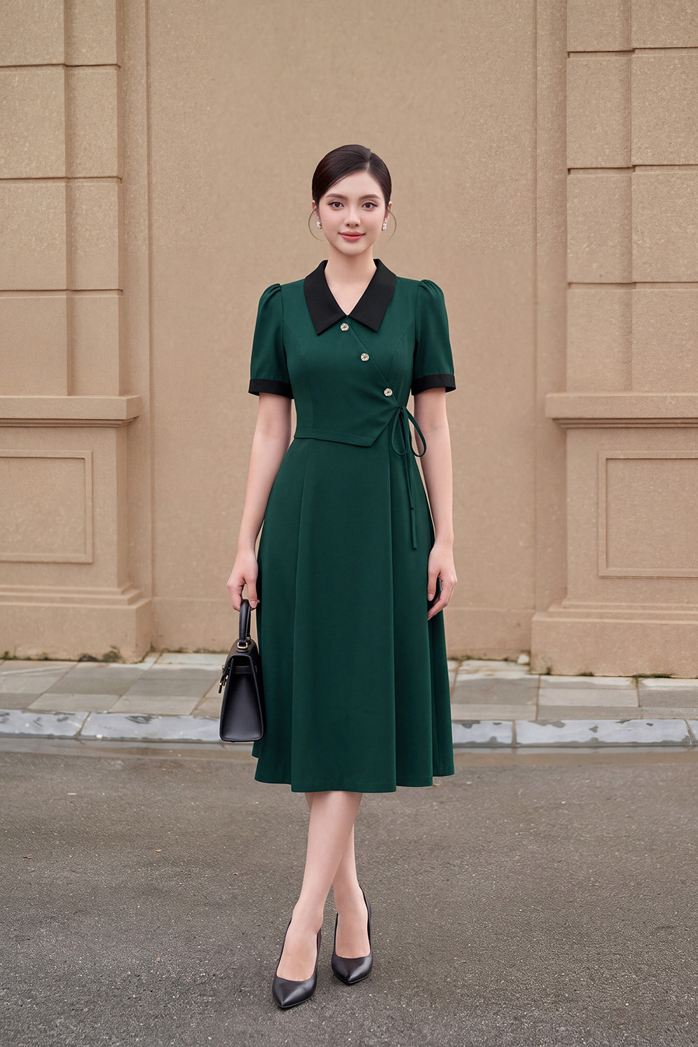Đầm xòe công sở màu xanh phối đen
