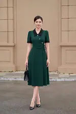 Đầm xòe công sở màu xanh phối đen