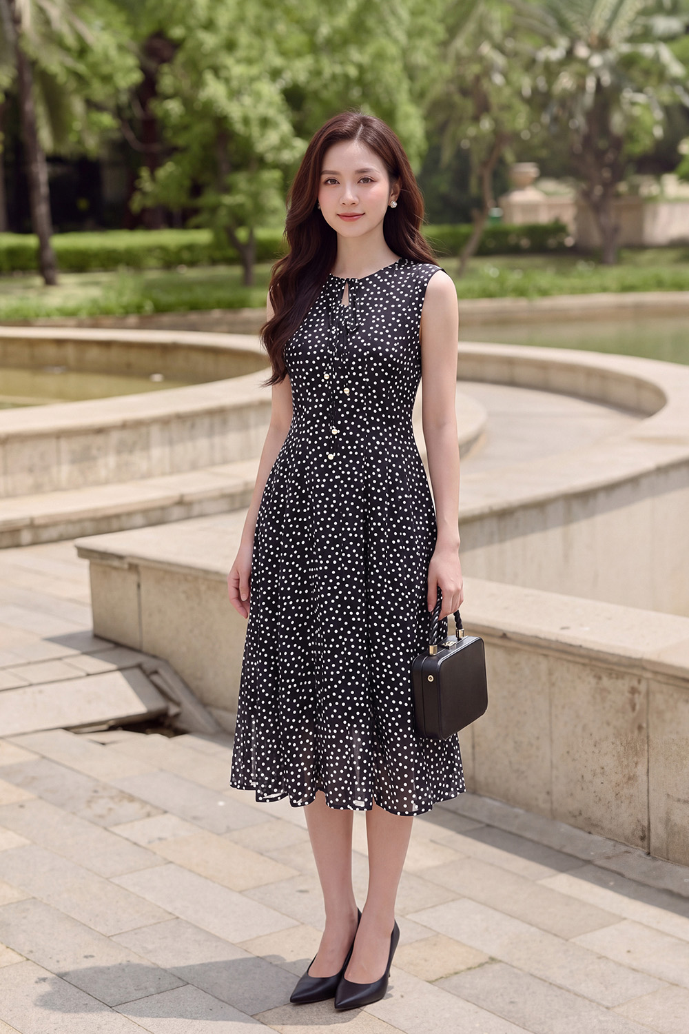 Đầm voan chấm bi dáng xòe cổ phối nơ