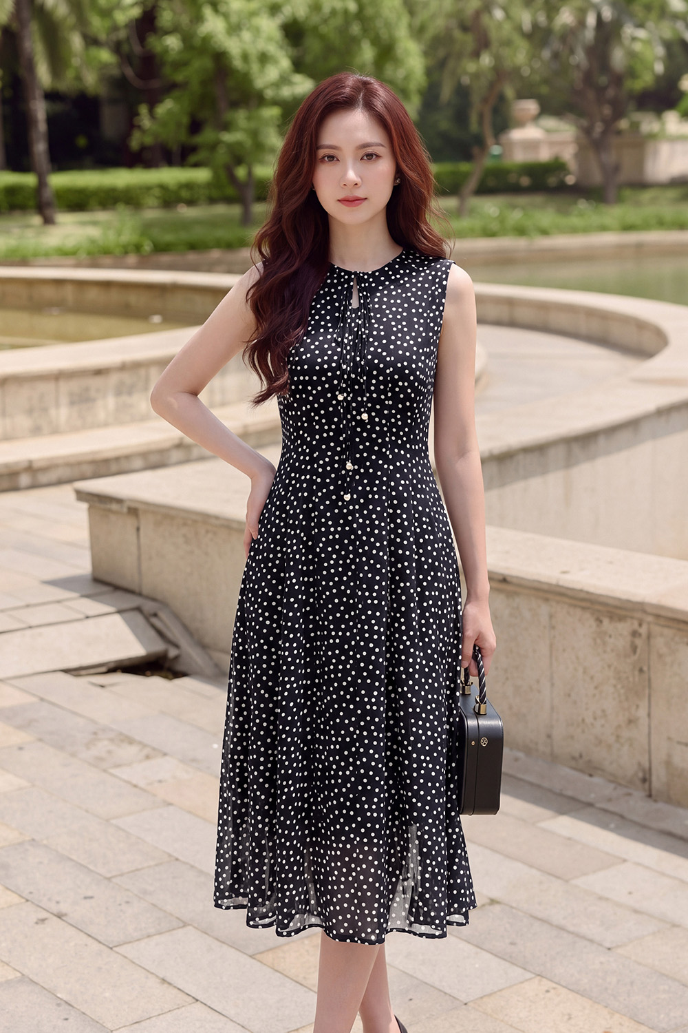 Đầm voan chấm bi dáng xòe cổ phối nơ