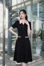 Đầm xòe đen công sở phối hồng