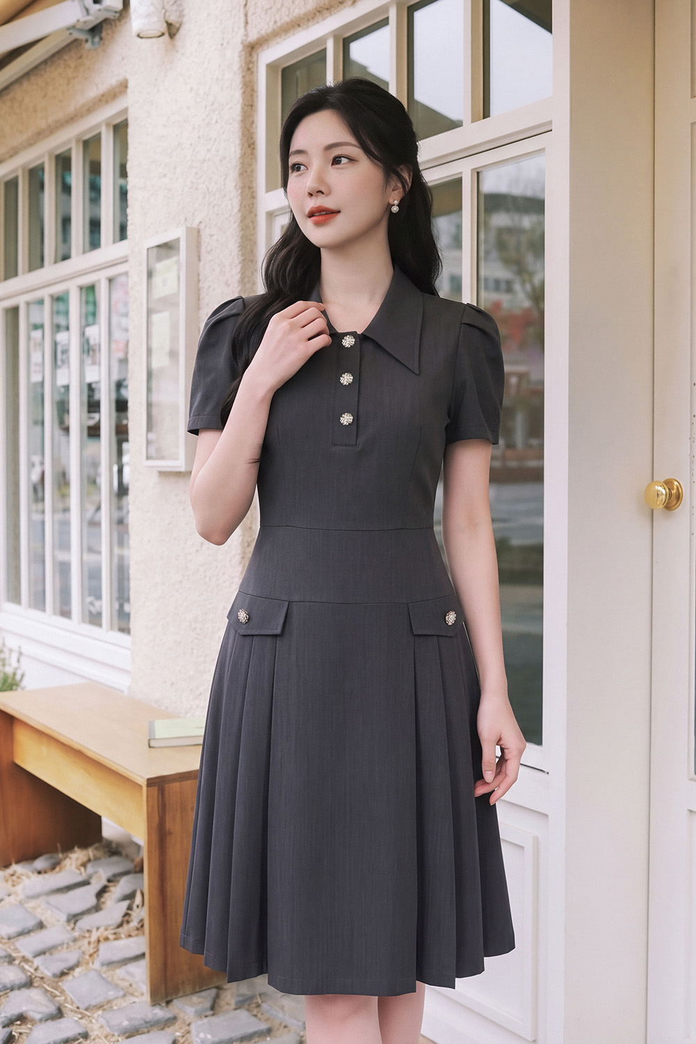 Đầm xám công sở xếp ly dáng xòe