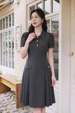 Đầm xám công sở xếp ly dáng xòe