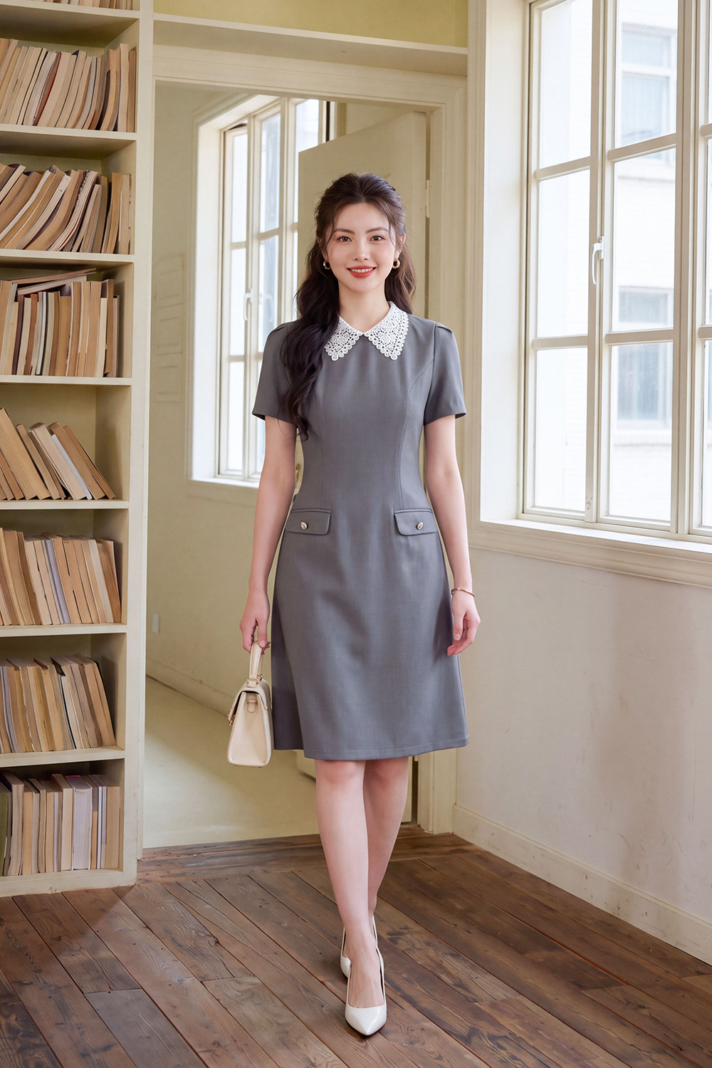 Đầm công sở chữ A màu xám cổ phối ren