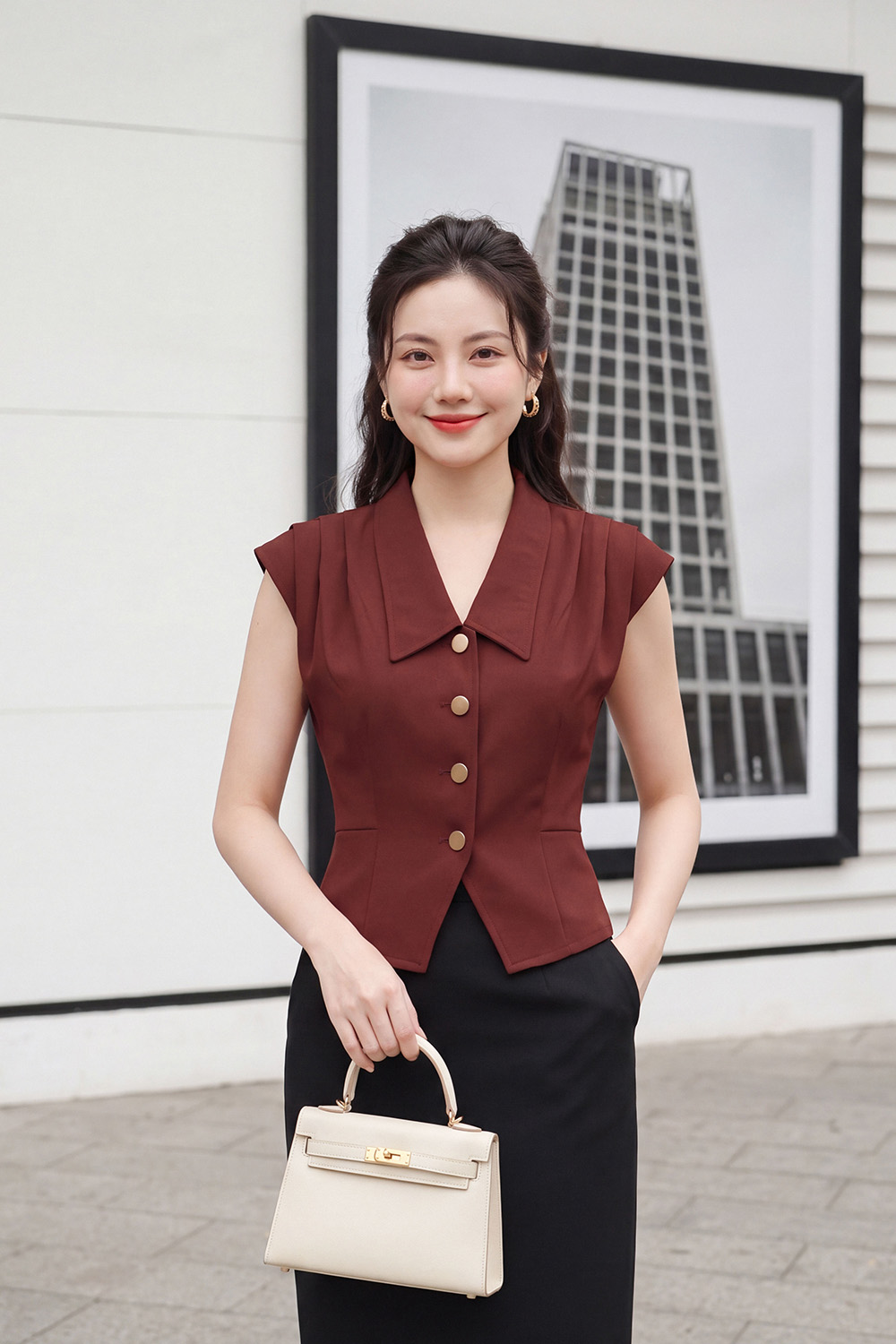 Áo kiểu xếp ly vai màu đỏ trầm